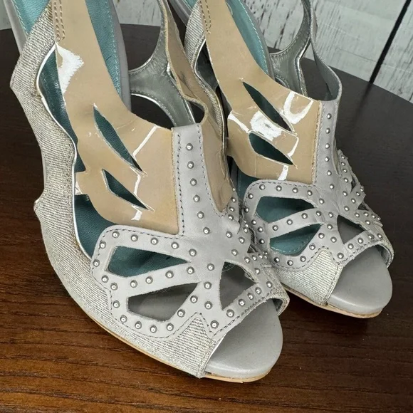 KG KURT GEIGER DENIM, Calf, PATENT Leather Laser Cut Studded heeled Sandals 37 - Picture 5 of 16